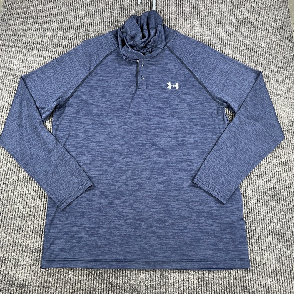 Under Armour Pullover Shirt Mens Large Blue Long Sleeve HeatGear Hooded Henley - Picture 3 of 15